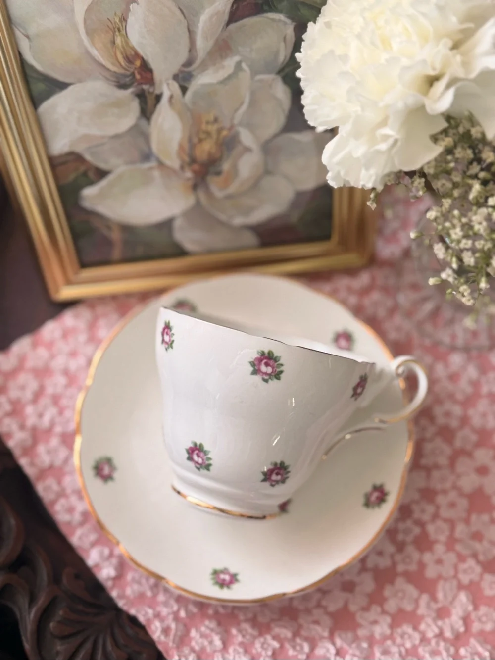 White Porcelain Teacup & Saucer Set with Pink Rose Accents